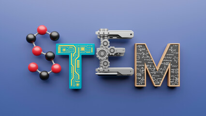 STEM typography symbols design concept. science, technology, engineering, mathematics education word. 3d rendering.