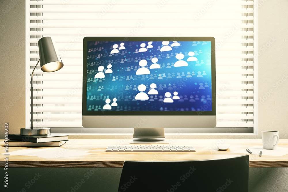 Poster Modern computer display with social network icons concept. Networking concept. 3D Rendering