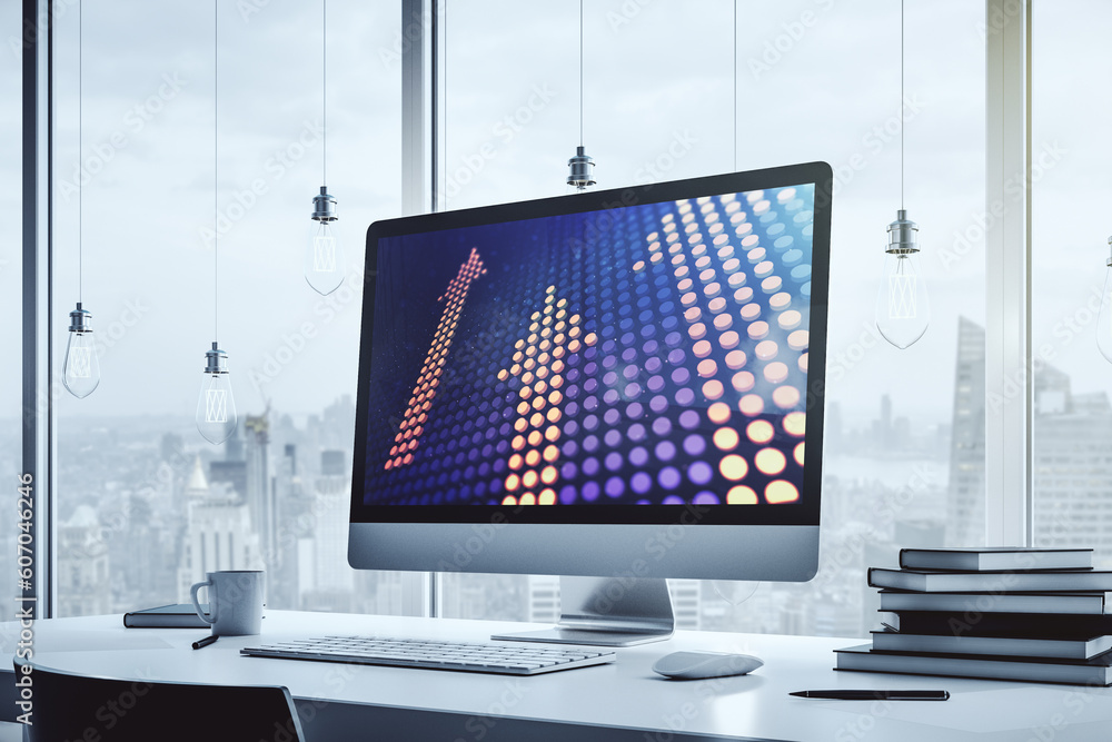 Poster modern computer monitor with creative abstract upward arrows hologram. ambition and challenge concep