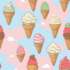 Ice cream for seamless pattern background in hand draw doodle style and pastel colors