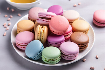 Colorful Macarons on a White Platter, Flat Lay Shot, created with Generative AI