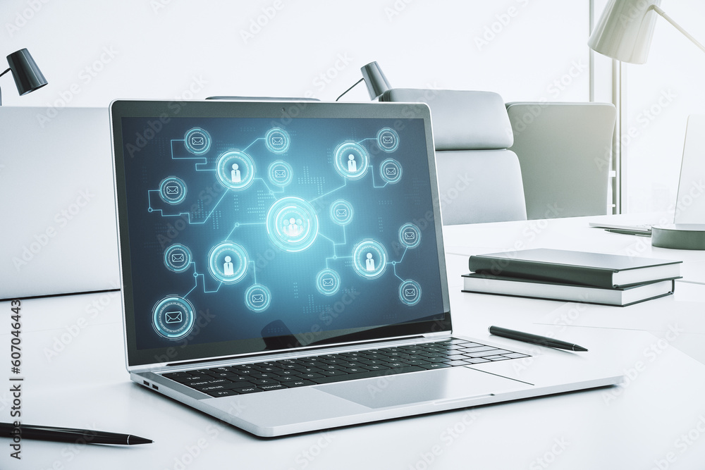 Poster modern computer monitor with social network icons concept. marketing and promotion concept. 3d rende