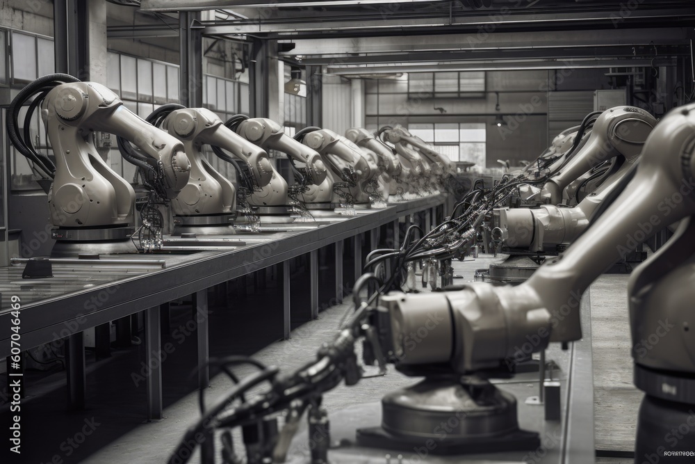 Poster group of robots working together in a factory. generative ai
