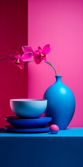 Fleurs roses dans un vase bleu, devant un mur rose - Générative IA
