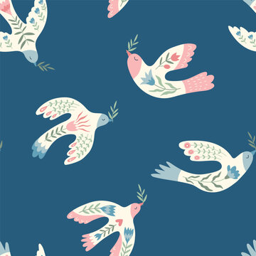 Vector seamless pattern with  birds, flowers, laurel branches in folklore style. Doves of peace. Doodle illustrations with stylized decorative floral elements. For textiles, clothing, bed linen.