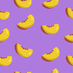 Summer bright fruit seamless pattern of cute juicy peach with purple background. Cartoon peach wedge seamless summer pattern in flat design for kids. Design for package and illustration for print