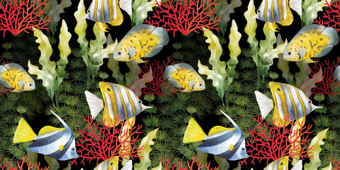 Seamless pattern of marine fish and algae. Watercolor illustration. © Marisha paint