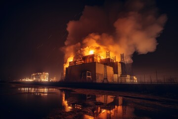 View of Big explosion and fire on power plant. Generative AI