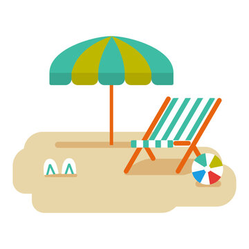 holiday on a beach with umbrella and beach chair. Summer holiday travel vector illustration