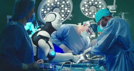 Robot and diverse team of professional medical surgeons performs surgical operation in modern hospital. Doctors working to save patient. Concept of future robotic surgery. Artificial intelligence, AI - Powered by Adobe