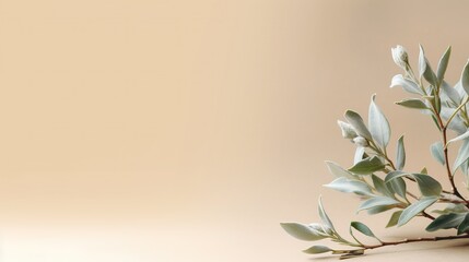 Elegant sprig of green ruskus with green leaves on a beige color background with copy space. Generative AI