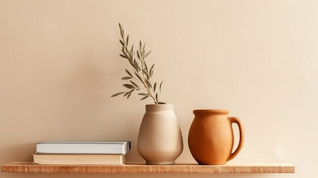 The old books and old vases with dry planton the table. Copy space. Generative AI