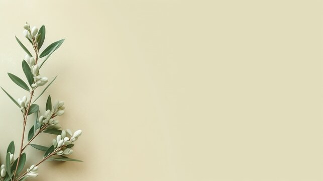 Elegant sprig of green ruskus with green leaves on a light color background with copy space. Generative AI