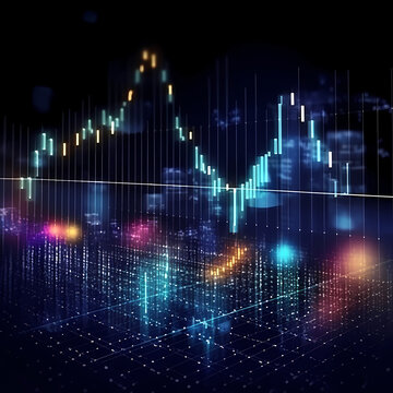 Finanzmarktentwicklung aus einer anderen Perspektive: Geschäftsinvestitionen und Datenkonzept mit digitalen Finanzdiagrammen, Grafiken und Indikatoren auf dunkelblauem Hintergrund