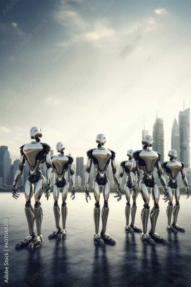 Poster sophisticated robots stand are arranged in a row, backdrop of a glittering city. generative ai