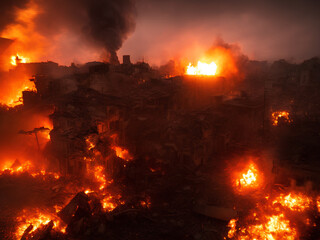 Photo of explosion in the city, apocalyptic night landscape, house destruction and burning cars