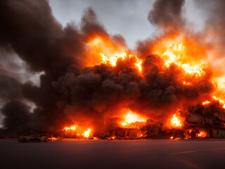 Photo of explosion in the city, apocalyptic night landscape, house destruction and burning cars