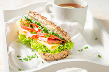 Tasty and fresh sandwich with ham, cheese and chive.