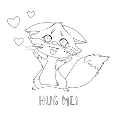 Cute little fox. Black and white silhouette, coloring