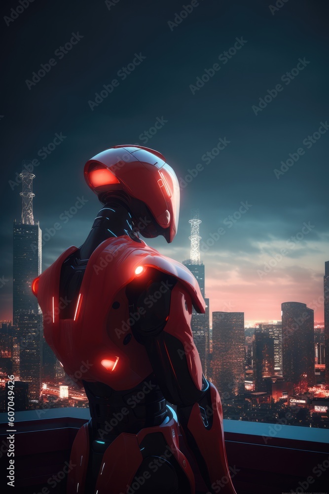 Poster robot with a glowing red visor in cityscape, generative ai