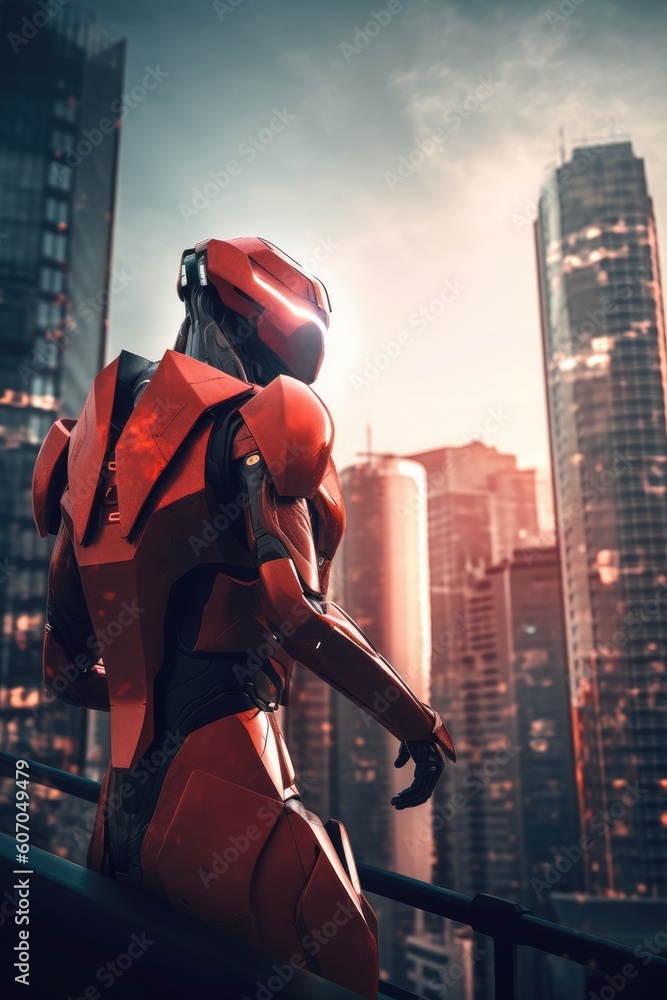 Poster robot with a glowing red visor in cityscape, generative ai