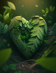 Fototapeta premium Heart made of green leaves on dark background. Green planet concept. Generative AI