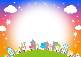 Naklejka premium 街並みのイラスト背景フレーム（夕暮れと星の輝き）