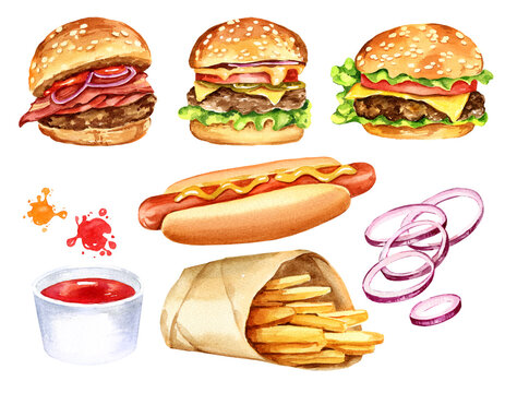 watercolor set of fast food, hand drawn illustration of burger with meat, slises of onion, tomatos, salad and fried potatoes, red sause and different splashes isolated on white background