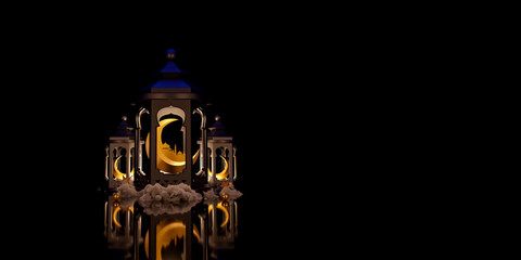 Festival for Muslim holy month Ramadan Kareem. Ornamental Arabic lantern with burning candle glowing at night. Eid-Al-Adha Mubarak banner. 3D illustration