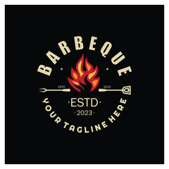 Fototapeta na wymiar Smoke and BBQ Barbecue Vintage hot grill, with crossed flames and spatula. Logo for restaurant, badge, cafe and bar.vector