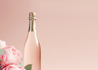 Holiday composition with rose wine. Bottle of pink wine or champagne on pink background with peonies. Romantic still life with bottle of low alcohol beverage. Mockup, copy space. Generative ai