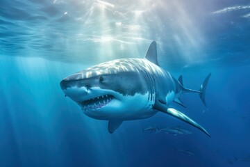scary huge shark with open mouth underwater. Generative AI