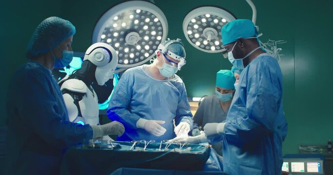 Artificial intelligence helps doctors perform surgery. Diverse team of professional surgeons performs invasive surgery on patient in hospital. Development of modern technologies in medicine. AI