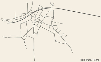 Detailed hand-drawn navigational urban street roads map of the TROIS-PUITS COMMUNE of the French city of REIMS, France with vivid road lines and name tag on solid background