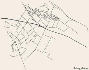Detailed hand-drawn navigational urban street roads map of the TAISSY COMMUNE of the French city of REIMS, France with vivid road lines and name tag on solid background