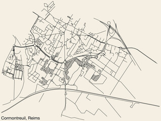 Fototapeta na wymiar Detailed hand-drawn navigational urban street roads map of the CORMONTREUIL COMMUNE of the French city of REIMS, France with vivid road lines and name tag on solid background