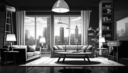 Luxury apartments in black and white. (Illustration, Generative AI)