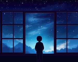 Fototapeta premium A child gazes at the open window to dream. (Illustration, Generative AI)