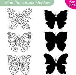 Find the correct shadow. Butterfly collection. Three cute butterflies. Educational game for children.