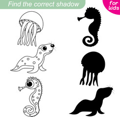 Find the correct shadow. Marine collection. Jellyfish, seals and seahorses. Educational game