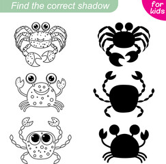 Find the correct shadow. Marine collection. Three crabs. Educational game for children.