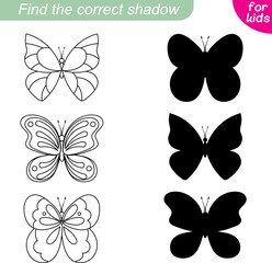 Fototapeta na wymiar Find the correct shadow. Butterfly collection. Three different butterflies. Educational game for children.