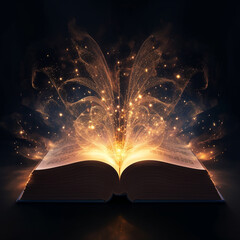 Opened old magic book with magic firework over dark background. Fantasy illustration. An ancient book of mystical powers, knowledge, witchcraft, otherworldly forces. AI generated image.
