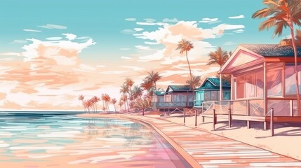 Fototapeta na wymiar The background has pastel colors depicting a tropical beach. (Illustration, Generative AI)