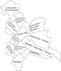 White flat vector administrative map of REIMS, FRANCE with name tags and black border lines of its quarters