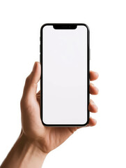 Front view of a hand holding a smartphone isolated on a white background