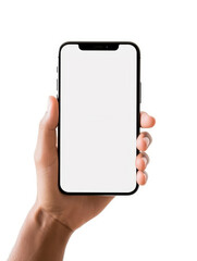 Obraz na płótnie Canvas Front view of a hand holding a smartphone isolated on a white background