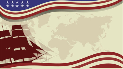 American Columbus Day background and simple silhouette ship, compass, and flat sea vector 