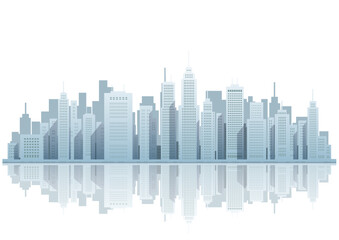 Cityscape Vector Illustration With Skyscrapers At The Waterfront Isolated On A White Background.