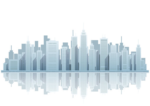 Cityscape Vector Illustration With Skyscrapers At The Waterfront Isolated On A White Background.